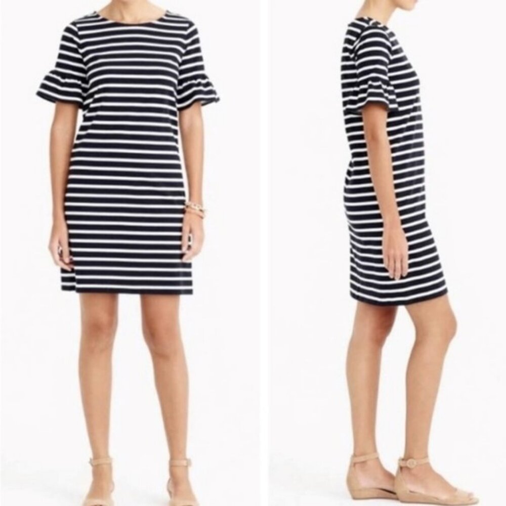 J. CREW Black and White Striped Ruffled Bell‎ Sleeve Shift Dress Womens Size M - Picture 2 of 10